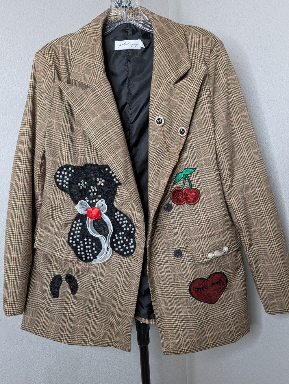 Checked Plaid Embroidered Patch Blazer - Brown